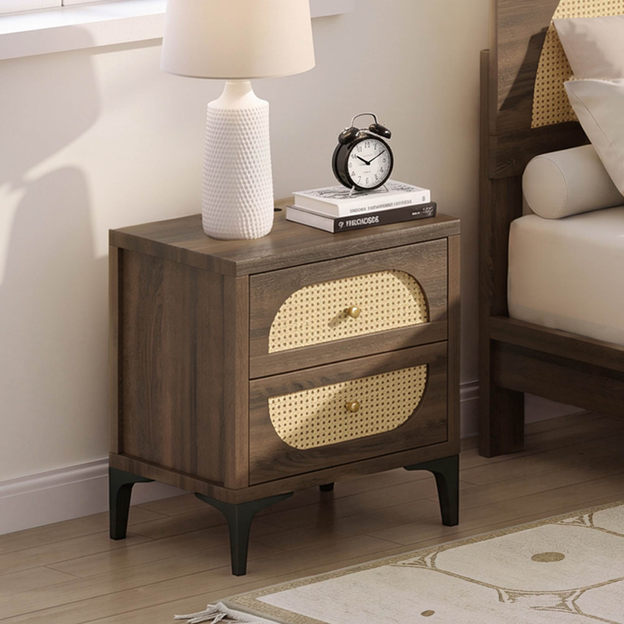 Spruce & Spring Boho Nightstand, 2-Drawer End Table with Charging Station, Rattan Front, Columbia Brown Wood Finish