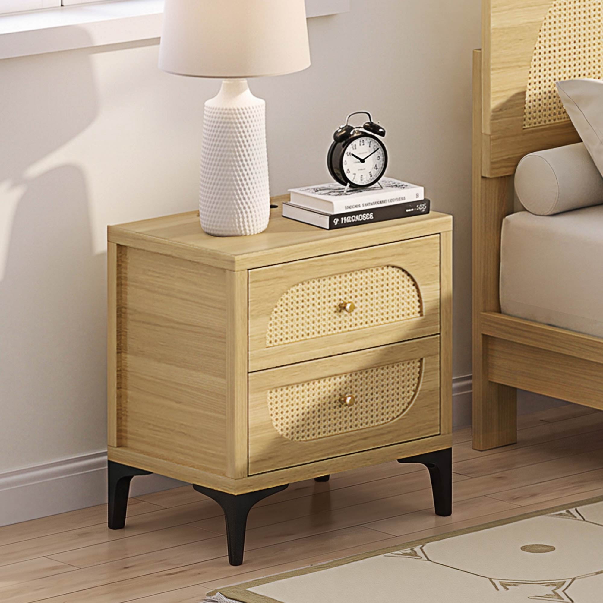 Spruce & Spring Boho Nightstand, 2-Drawer End Table with Charging Station, Rattan Front, Natural Wood Finish