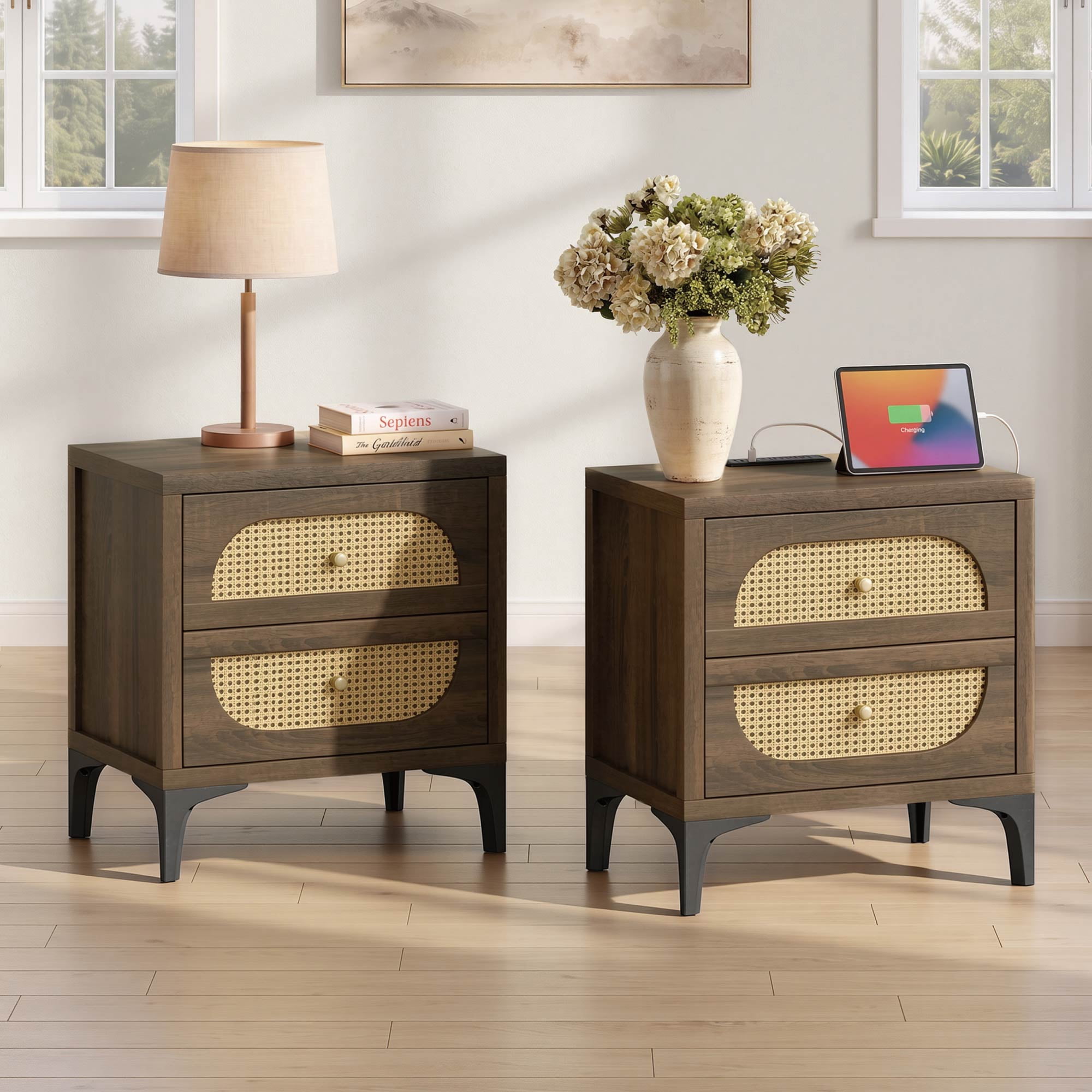 Spruce & Spring Boho Nightstands Set of 2, 2-Drawer End Tables with Charging Station, Rattan Front, Columbia Brown Wood Finish