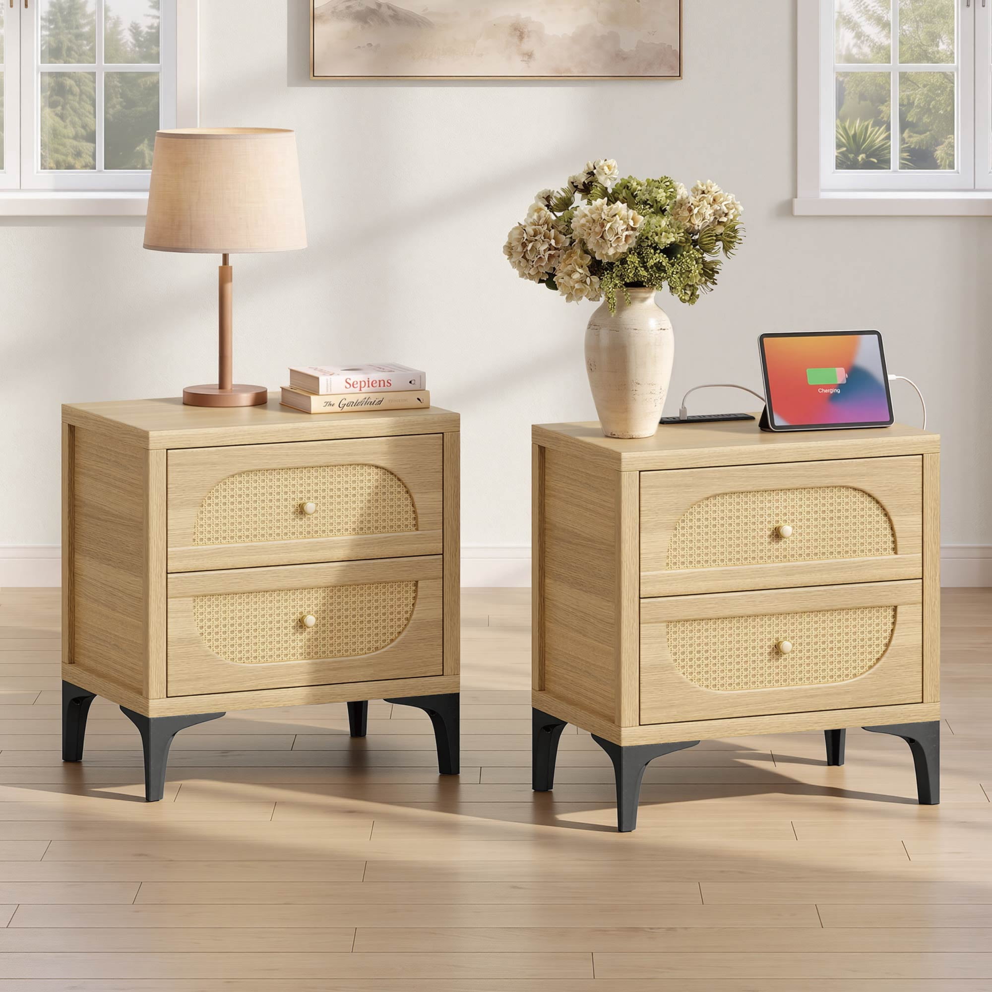 Spruce & Spring Boho Nightstands Set of 2, 2-Drawer End Tables with Charging Station, Rattan Front, Natural Wood Finish