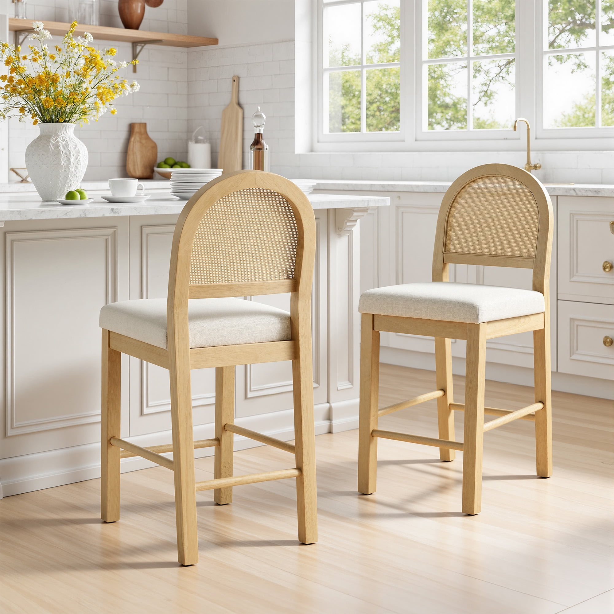 Spruce & Spring Boho Rattan Counter Stool with Solid Wood Frame and Upholstered Seat Set of 2, Natural