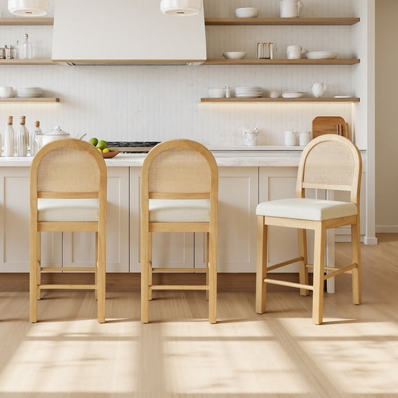 Spruce & Spring Boho Rattan Counter Stool with Solid Wood Frame and Upholstered Seat Set of 3, Natural