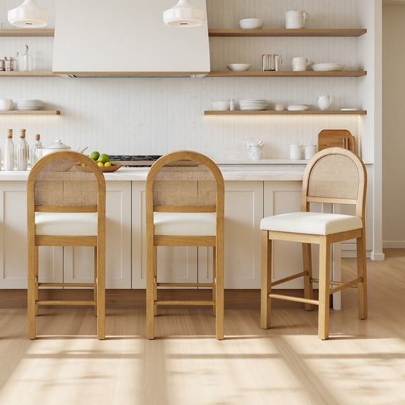 Spruce & Spring Boho Rattan Counter Stool with Solid Wood Frame and Upholstered Seat Set of 3, Walnut