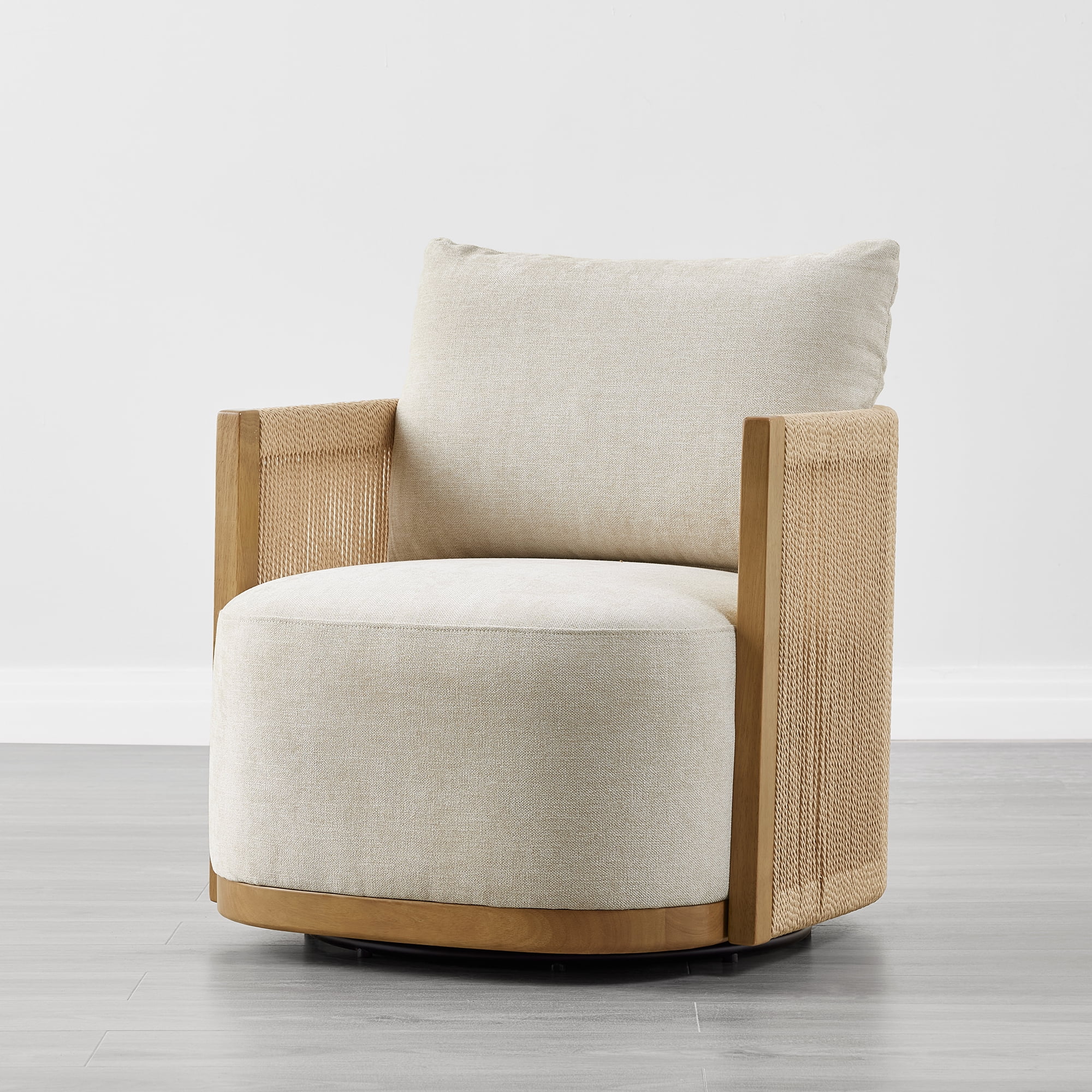 Spruce & Spring Boho Swivel Accent Chair with Hand-Woven Paper Cord and Solid Wood Frame, Single, Linen
