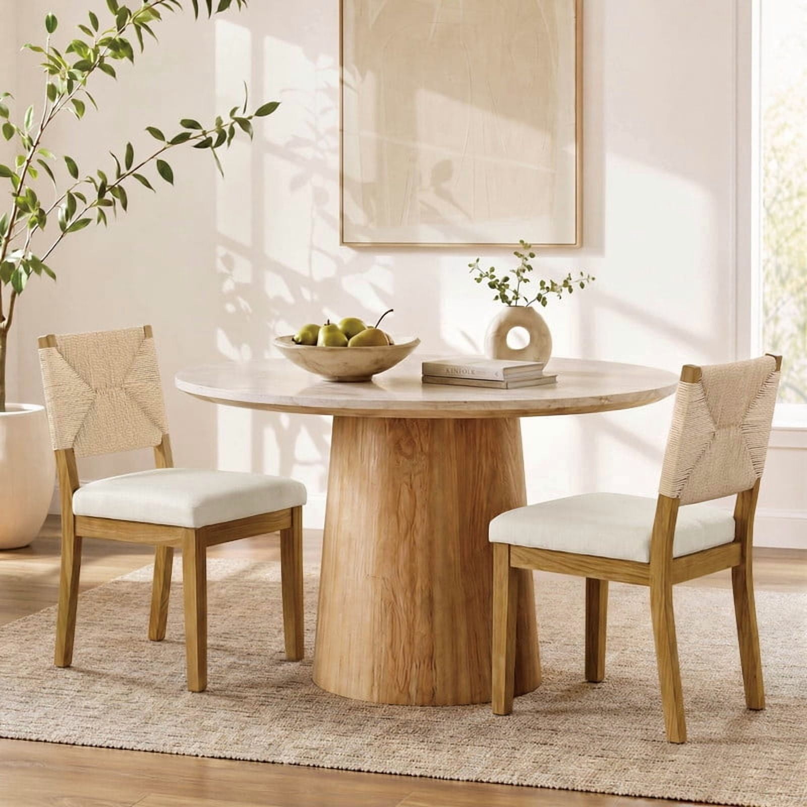 Spruce & Spring Boho Upholstered Dining Chairs Set of 2 with Handwoven Paper Rope Back for Dining Room or Kitchen, Cream Fabric, Walnut