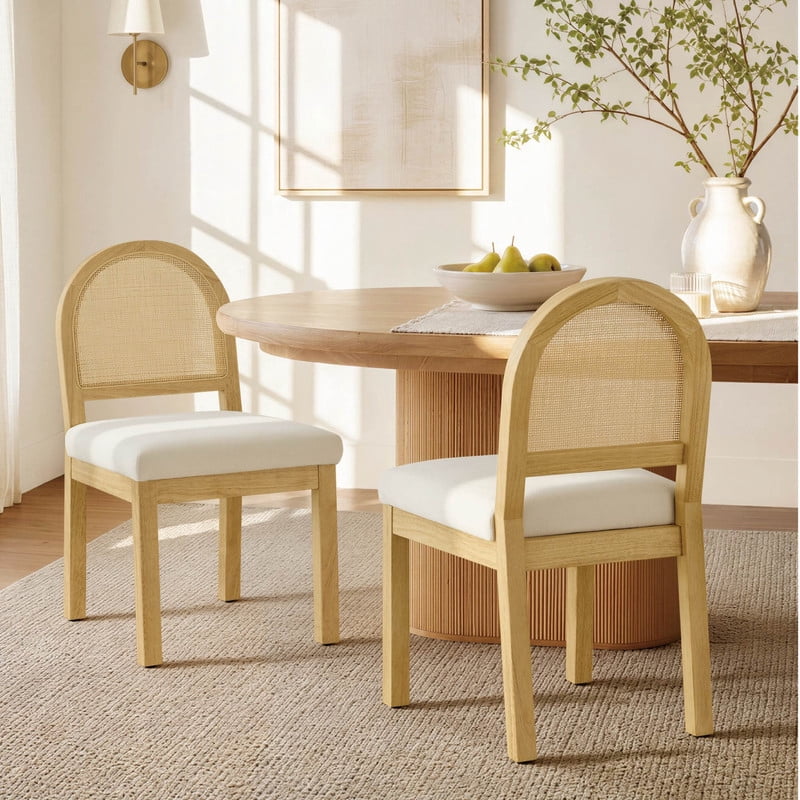 Spruce & Spring Boho Upholstered Dining Chairs Set of 2 with Natural Cane Back, Solid Natural Wood Frame for Kitchen Island, Cream Fabric