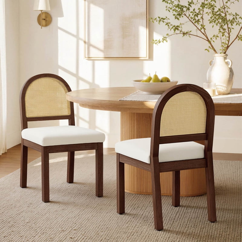 Spruce & Spring Boho Upholstered Dining Chairs Set of 2 with Natural Cane Back, Solid Walnut Wood Frame for Kitchen Island, Cream Fabric