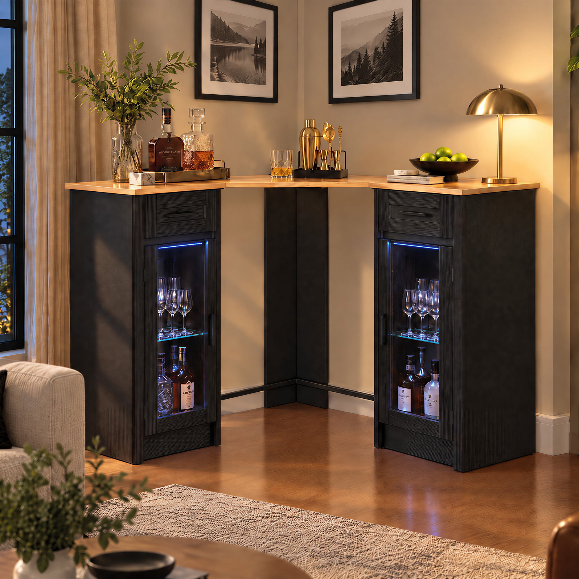 Spruce & Spring Corner Coffee Bar Cabinet with Fridge Space, LED Lights ...