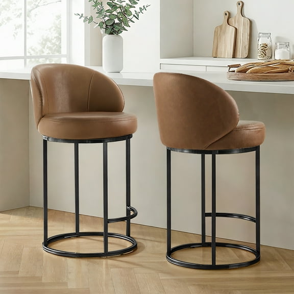 Spruce & Spring Counter Height Swivel Bar Stool with Arched Back and Metal Base Set of 2, Saddle Brown, Black Frame