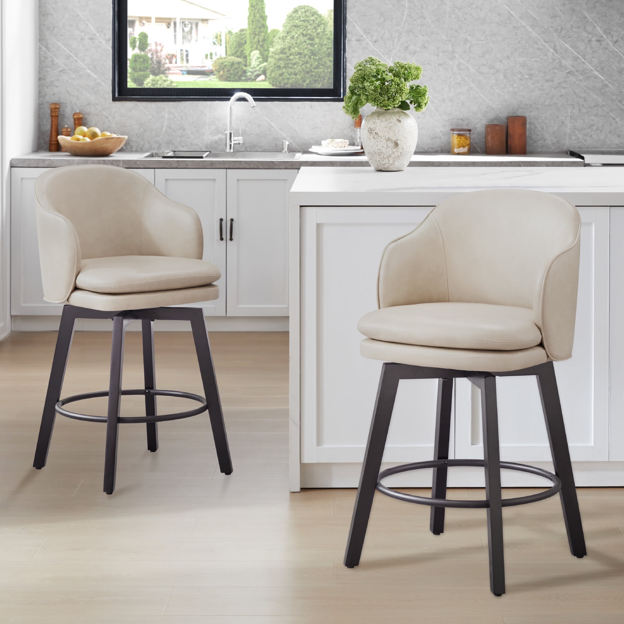 Spruce & Spring Counter Height Swivel Bar Stool with Curved Back and Arms Set of 2, Beige, Faux Leather