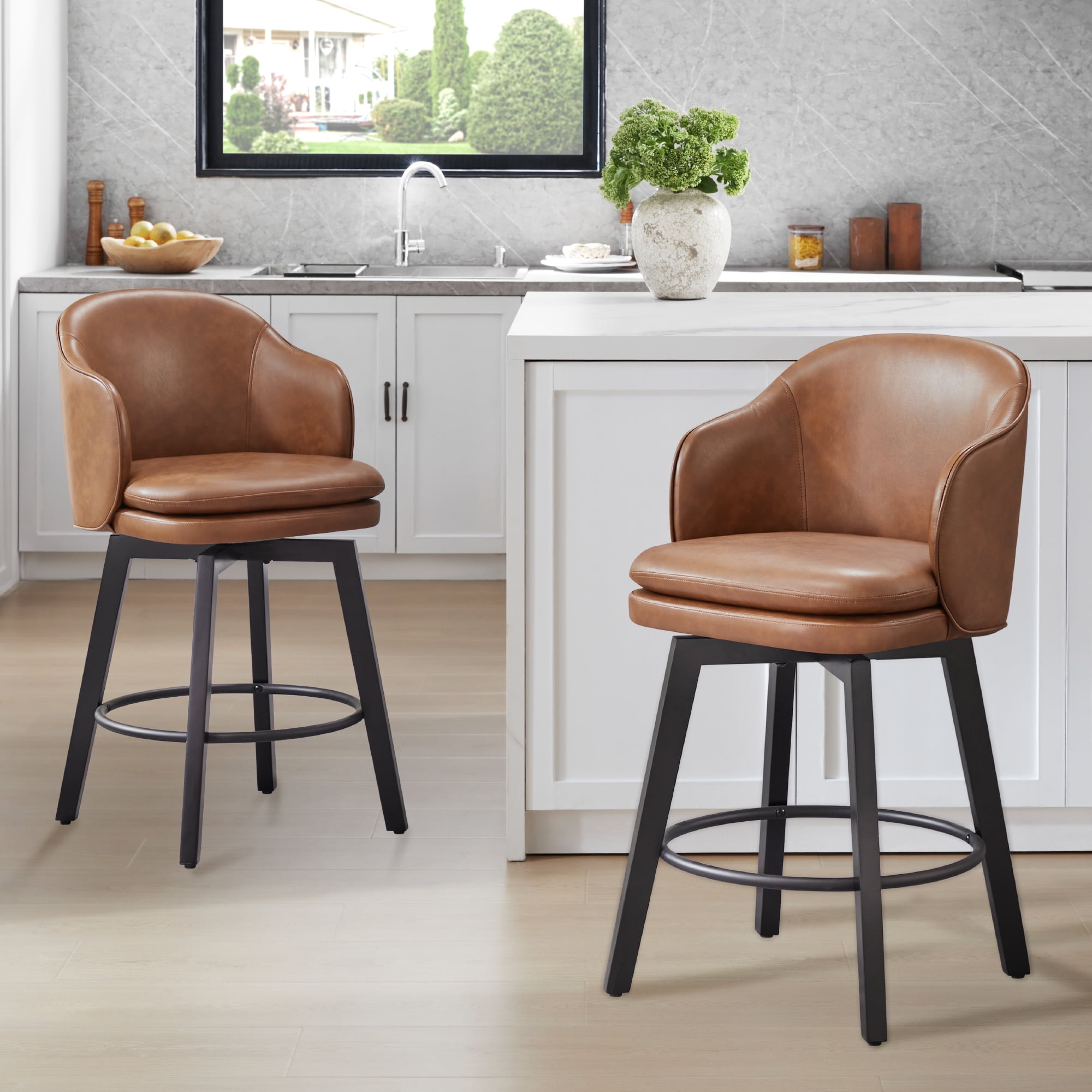 Spruce & Spring Counter Height Swivel Bar Stool with Curved Back and Arms Set of 2, Brown, Faux Leather