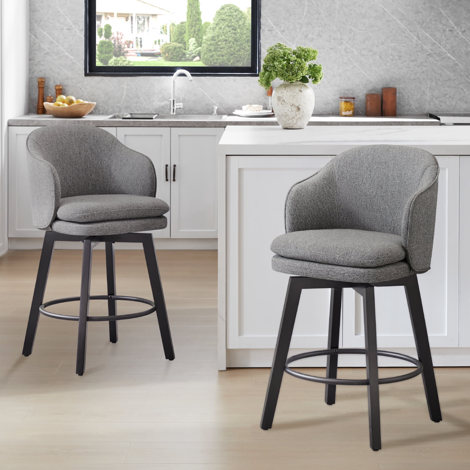 Spruce & Spring Counter Height Swivel Bar Stool with Curved Back and Arms Set of 2, Grey, Fabric