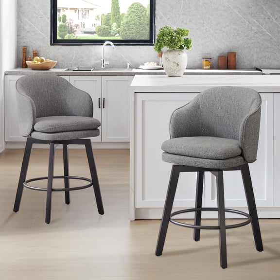Spruce & Spring Counter Height Swivel Bar Stool with Curved Back and Arms Set of 2, Grey, Fabric