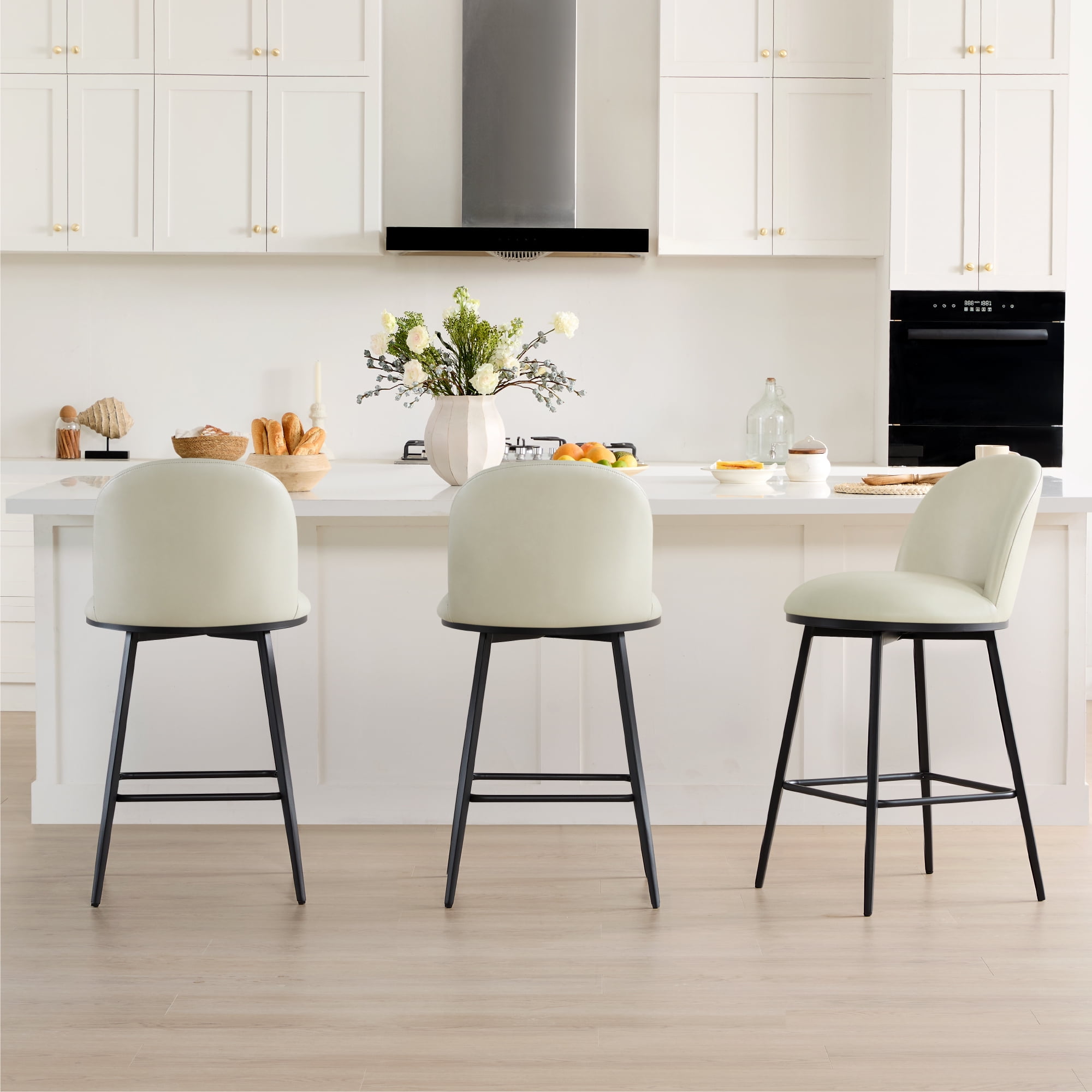 Spruce & Spring Counter Height Swivel Bar Stool with Metal Frame Set of 3, Cream