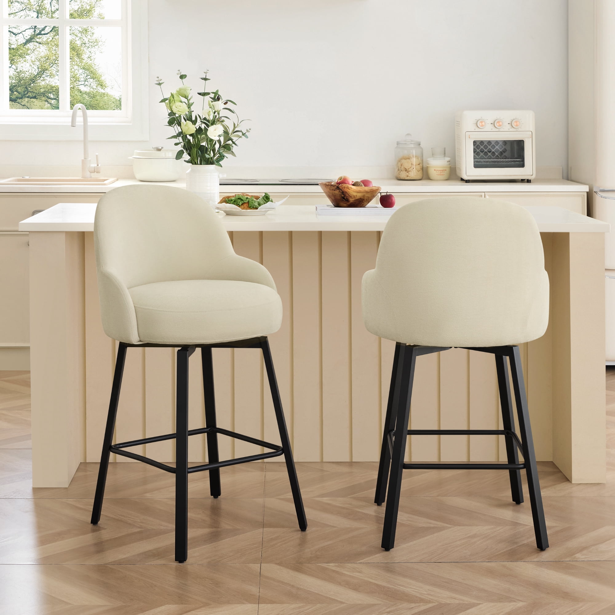 Spruce & Spring Counter Height Swivel Bar Stool with Upholstered Seat and Footrest Set of 2, Beige