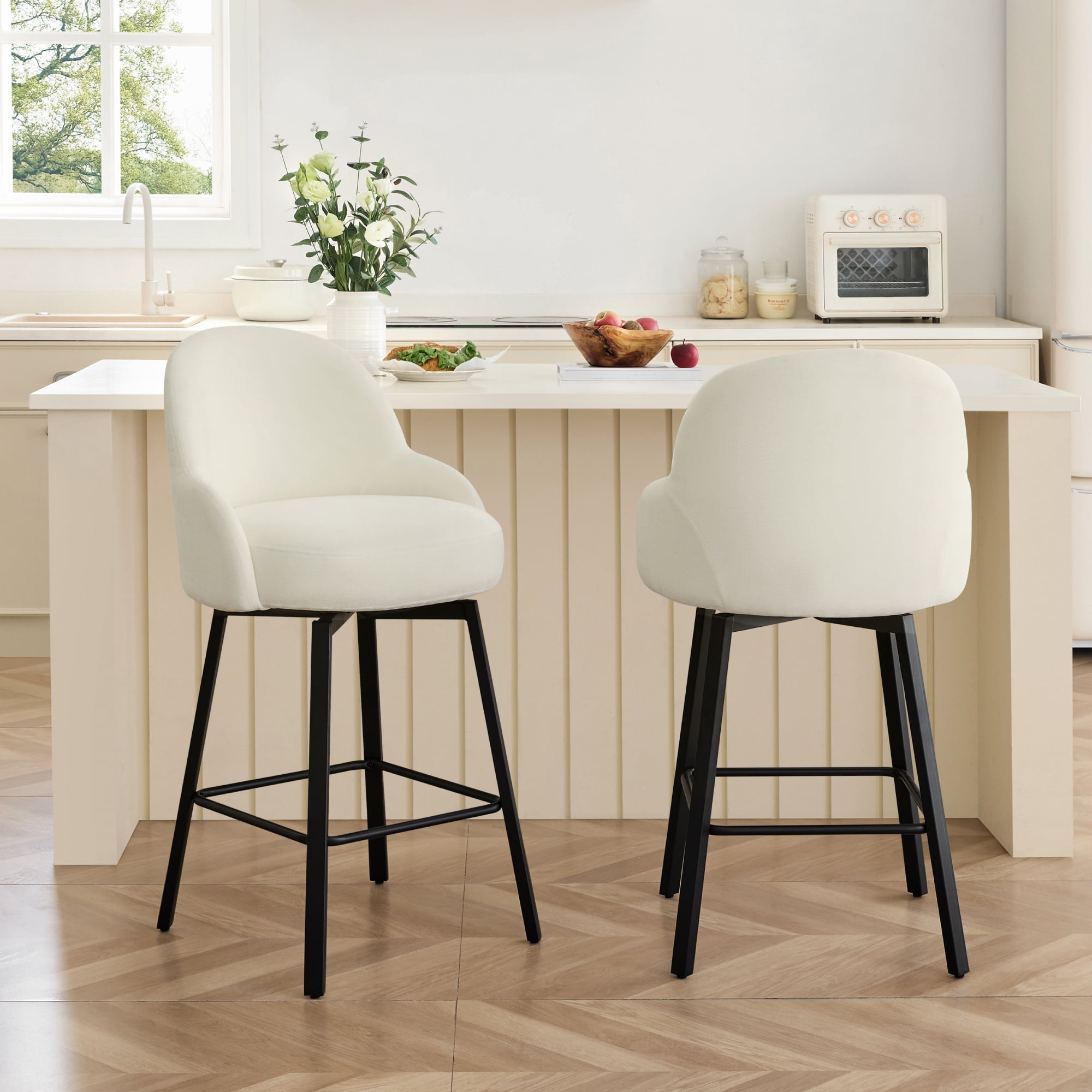 Spruce & Spring Counter Height Swivel Bar Stool with Upholstered Seat and Footrest Set of 2, Ivory