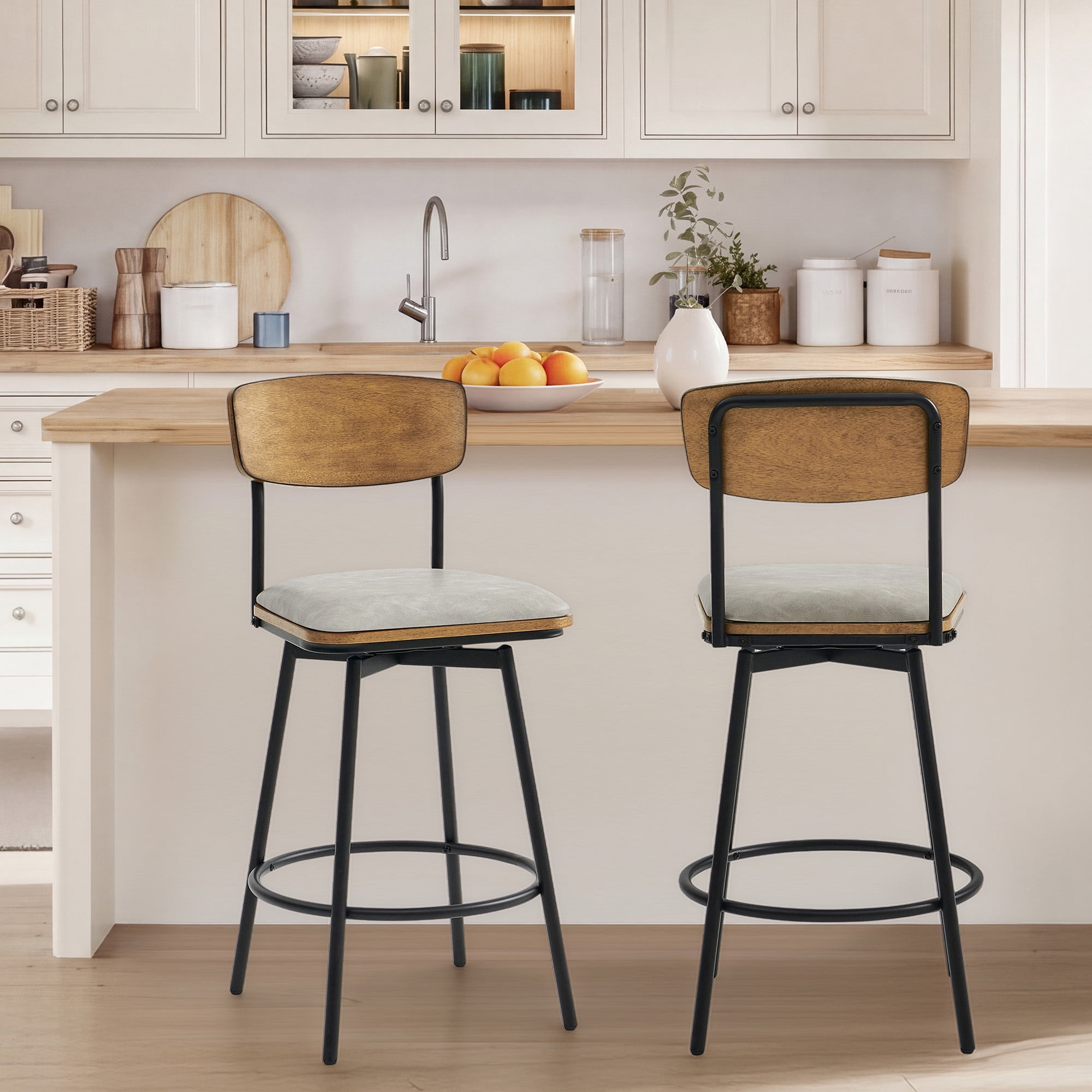 Spruce & Spring Counter Height Swivel Bar Stool with Wood Back and Metal Base Set of 2, Sand Grey, Faux Leather