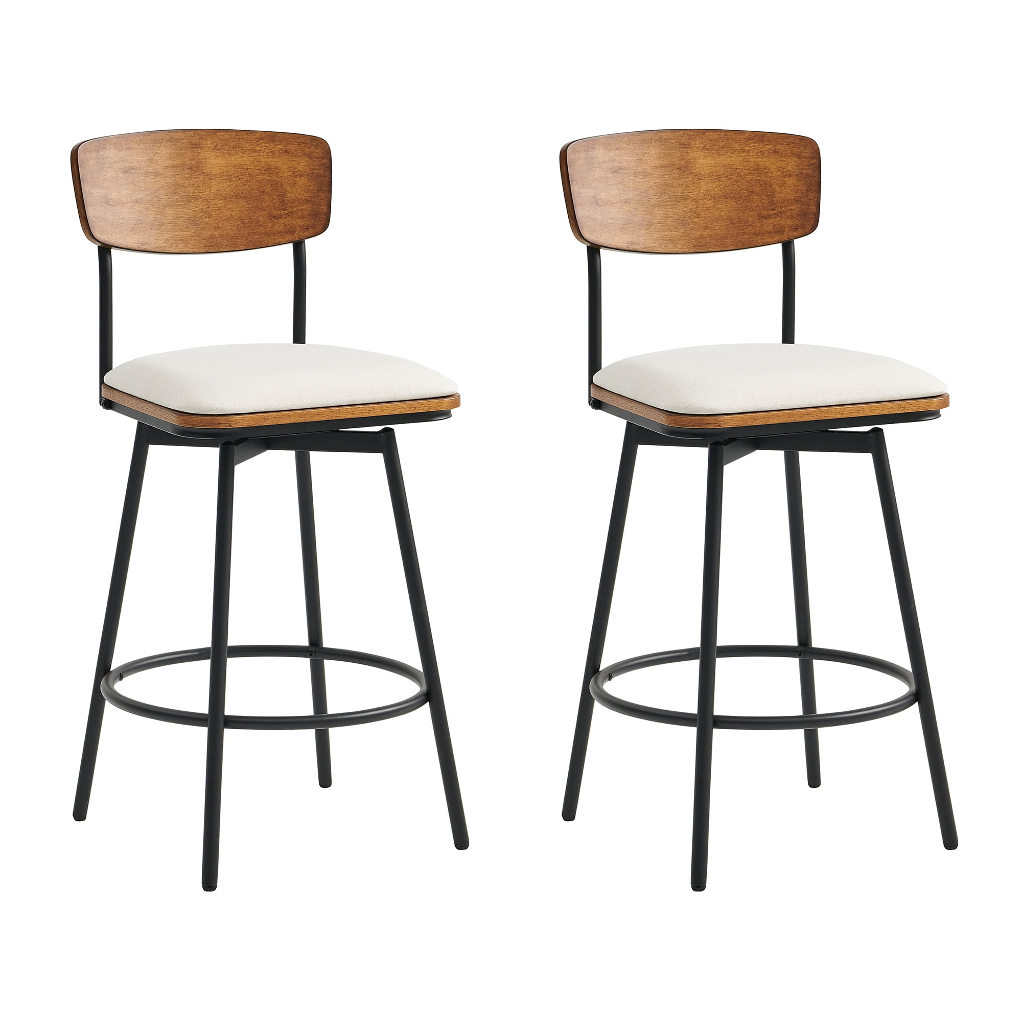 Spruce & Spring Counter Height Swivel Bar Stool with Wood Back and Metal Base Set of 2, White, Fabric