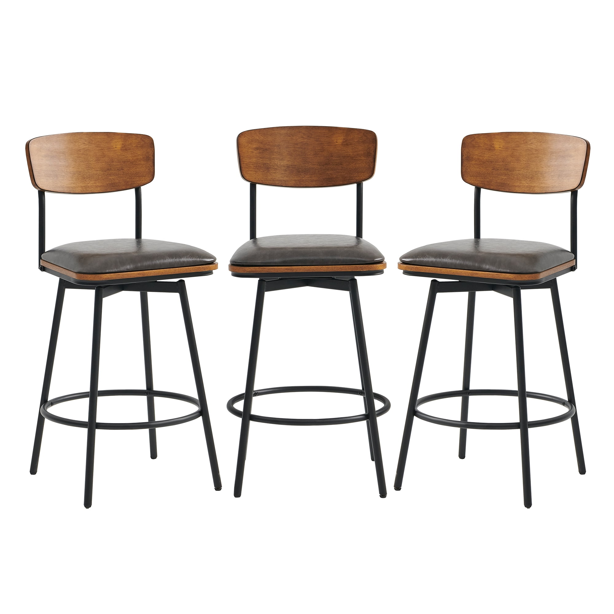 Spruce & Spring Counter Height Swivel Bar Stool with Wood Back and Metal Base Set of 3, Dark Grey, Faux Leather