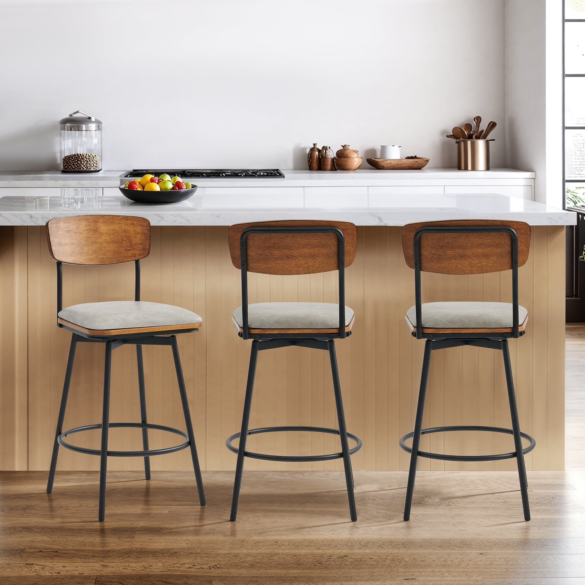 Spruce & Spring Counter Height Swivel Bar Stool with Wood Back and Metal Base Set of 3, Sand Grey, Faux Leather