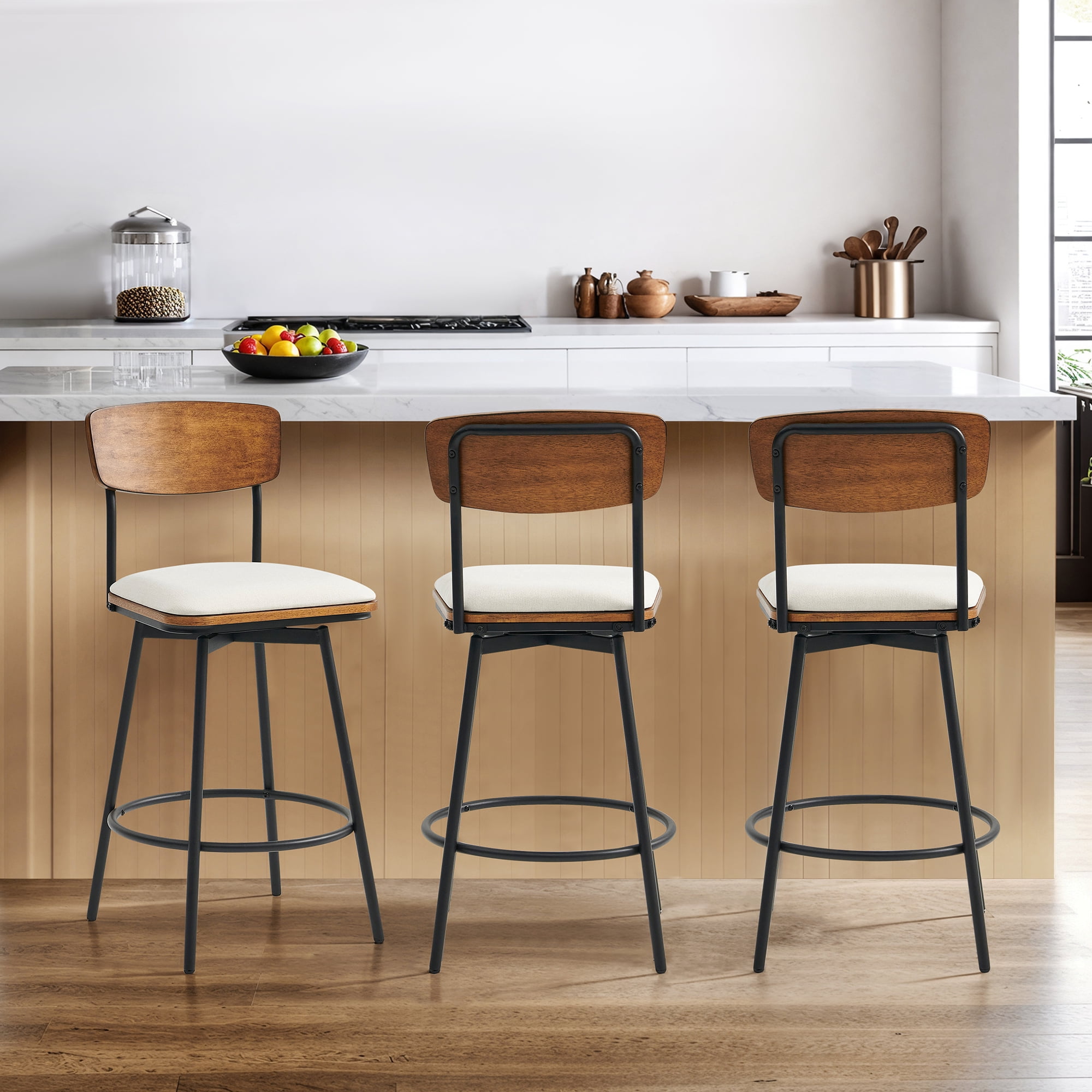Spruce & Spring Counter Height Swivel Bar Stool with Wood Back and Metal Base Set of 3, White, Fabric