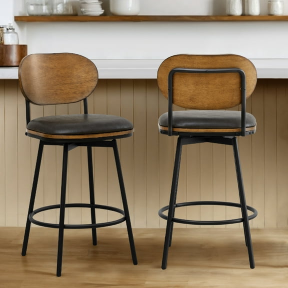 Spruce & Spring Counter Height Swivel Bar Stool with Wood Back and Metal Legs Set of 2, Dark Grey