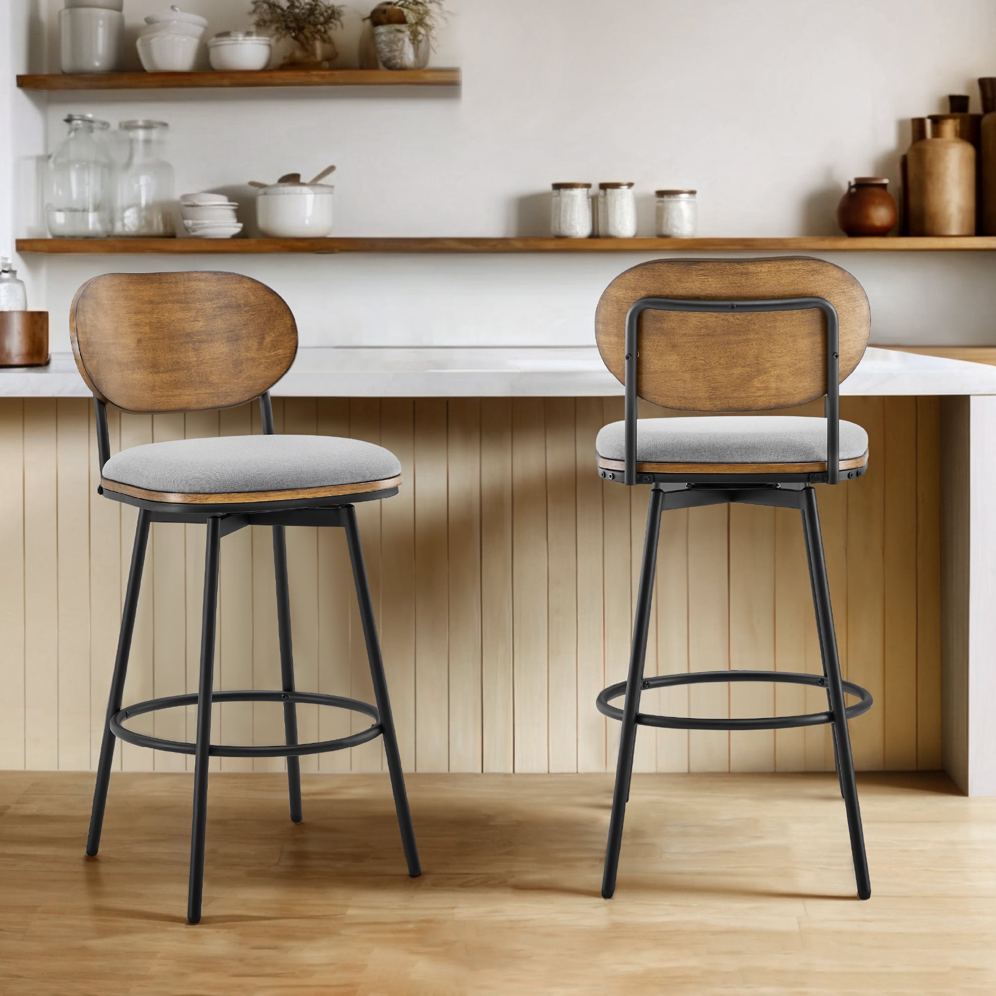 Spruce & Spring Counter Height Swivel Bar Stool with Wood Back and Metal Legs Set of 2, Light Grey