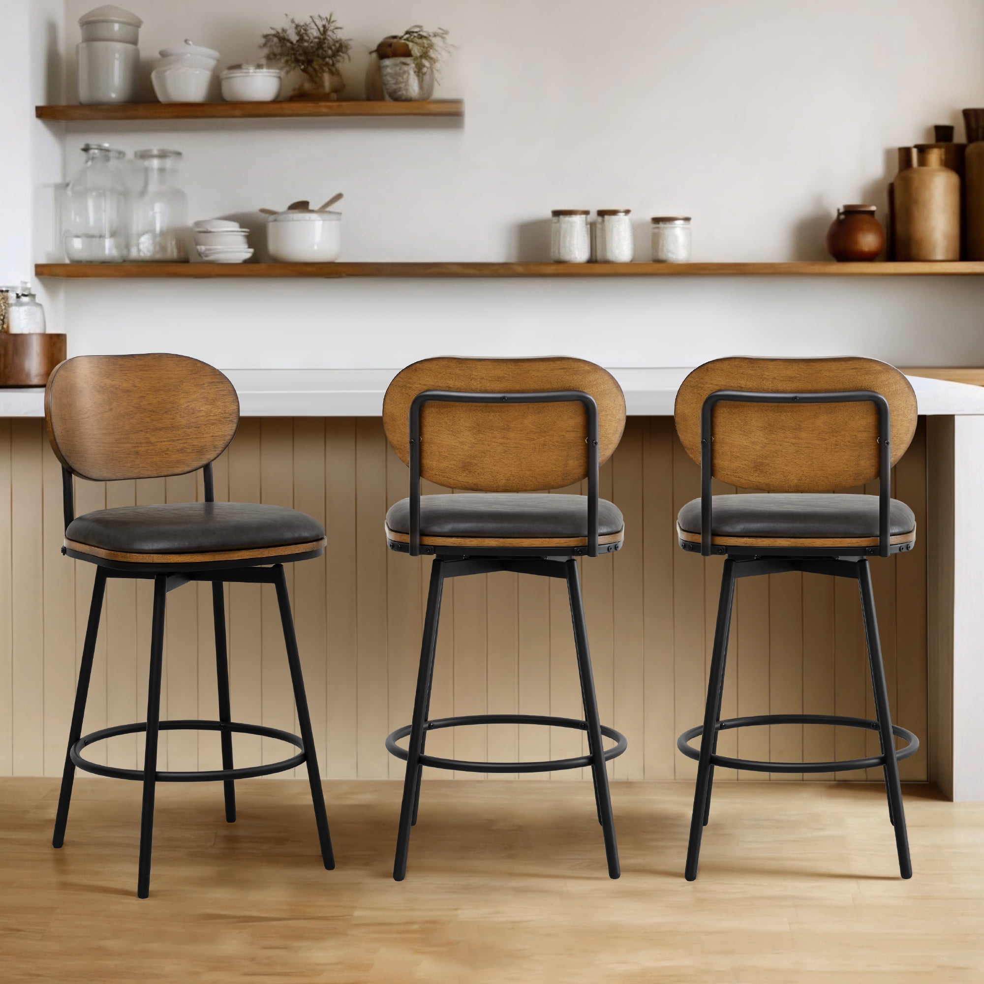 Spruce & Spring Counter Height Swivel Bar Stool with Wood Back and Metal Legs Set of 3, Dark Grey