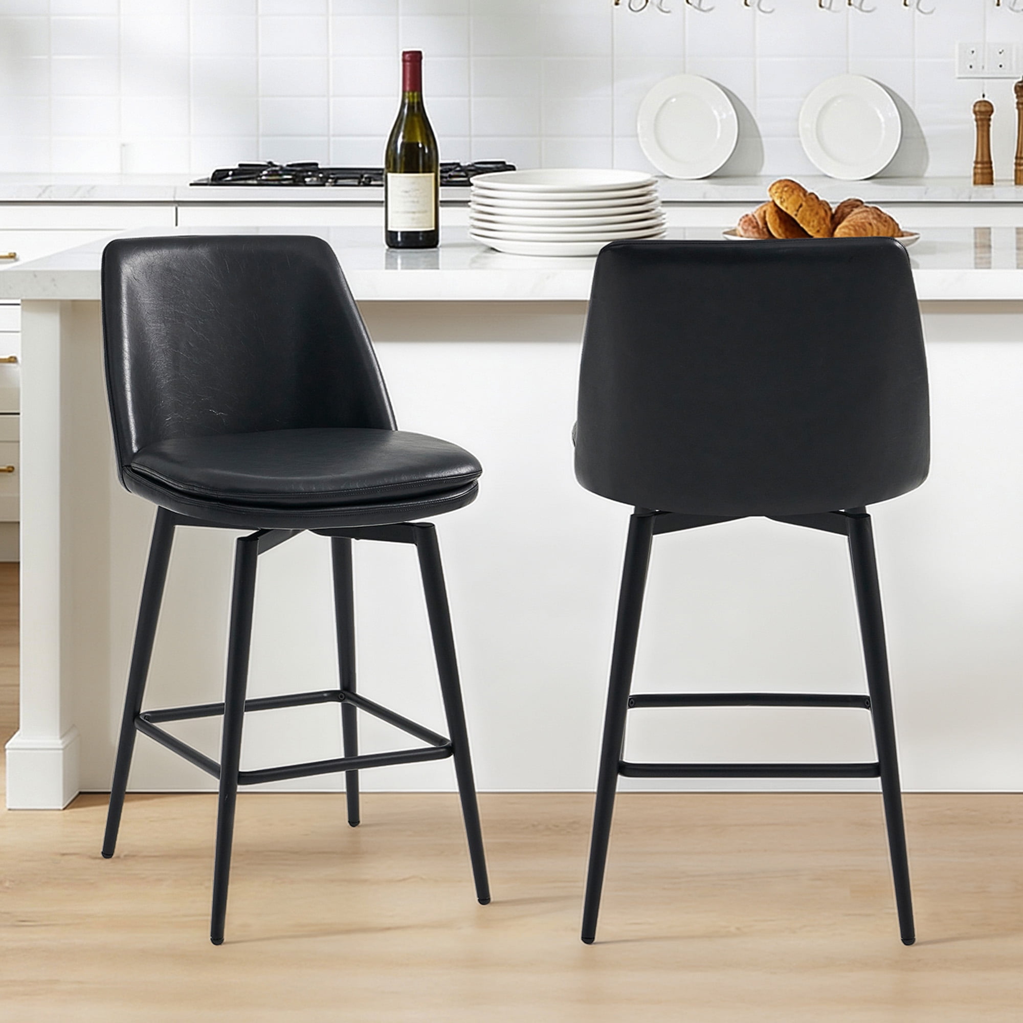 Spruce & Spring Counter Height Swivel Barstool with Curved Back and Metal Legs Set of 2, Black Faux Leather