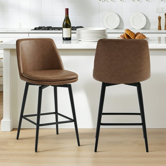 Spruce & Spring Counter Height Swivel Barstool with Curved Back and Metal Legs Set of 2, Brown Faux Leather