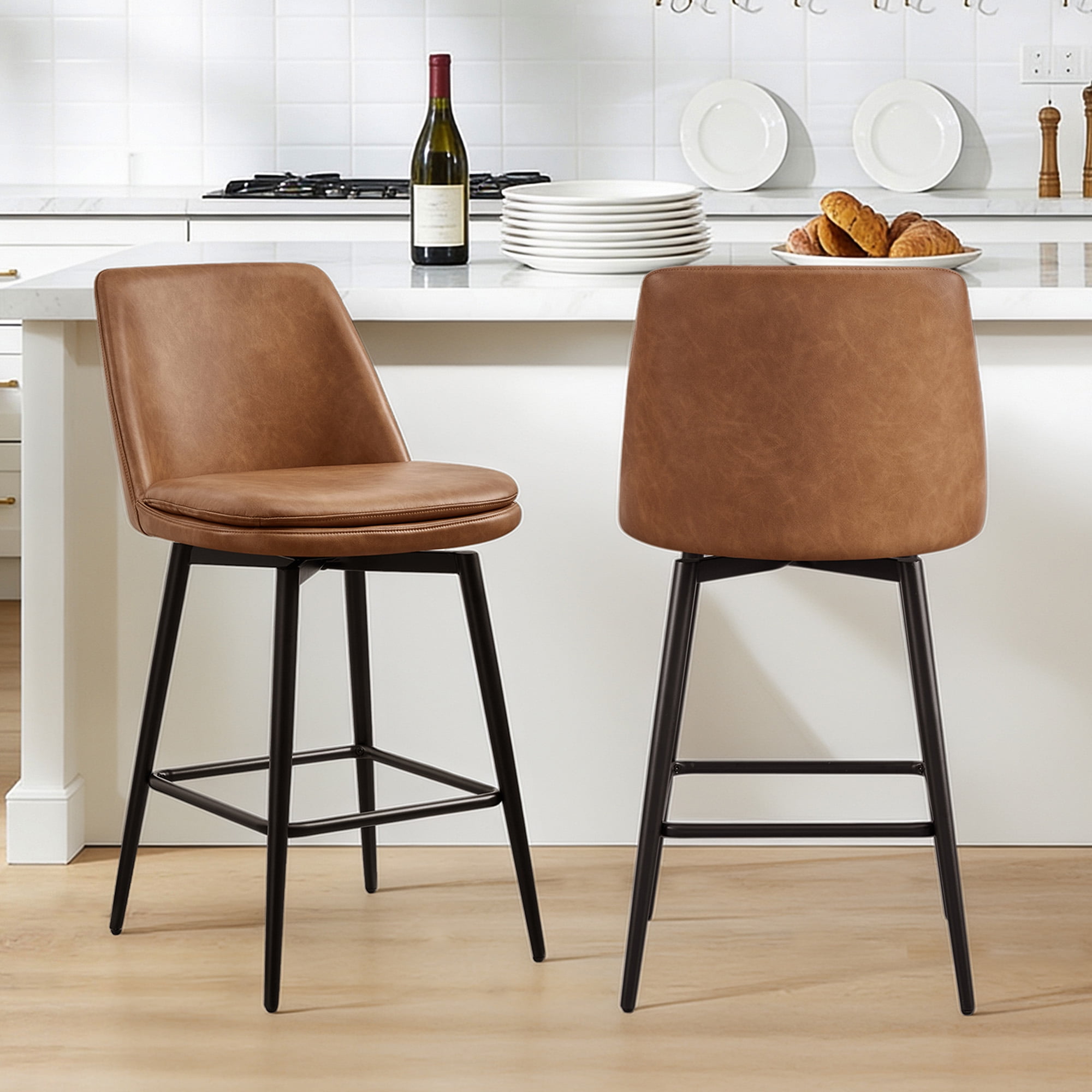 Spruce & Spring Counter Height Swivel Barstool with Curved Back and Metal Legs Set of 2, Cognac Faux Leather