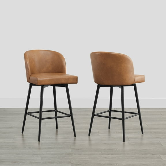 Spruce & Spring Counter Height Swivel Barstool with Metal Legs Set of 2, Cognac, Faux Leather
