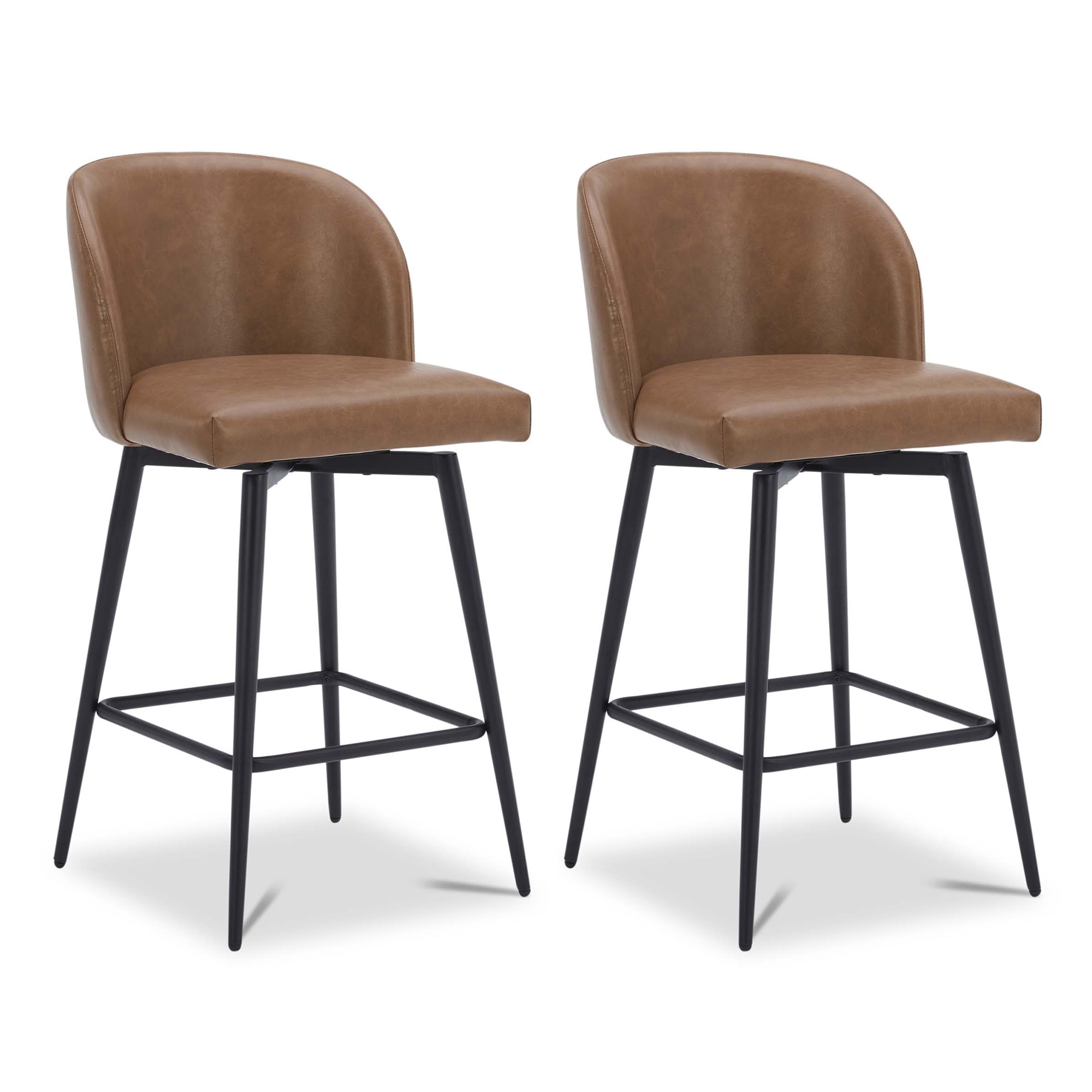 Spruce & Spring Counter Height Swivel Barstool with Metal Legs Set of 2, Saddle Brown, Faux Leather