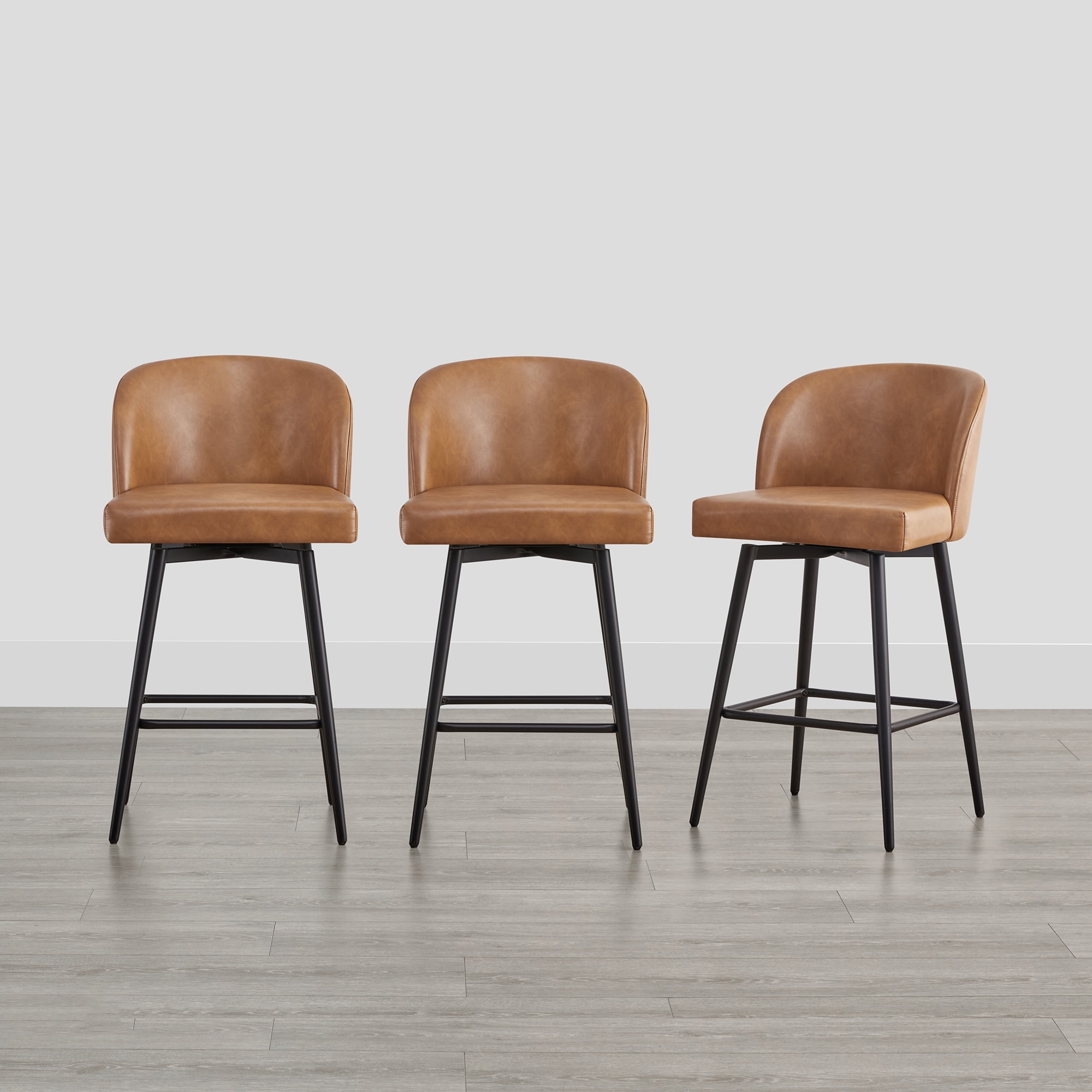 Spruce & Spring Counter Height Swivel Barstool with Metal Legs Set of 3, Cognac, Faux Leather