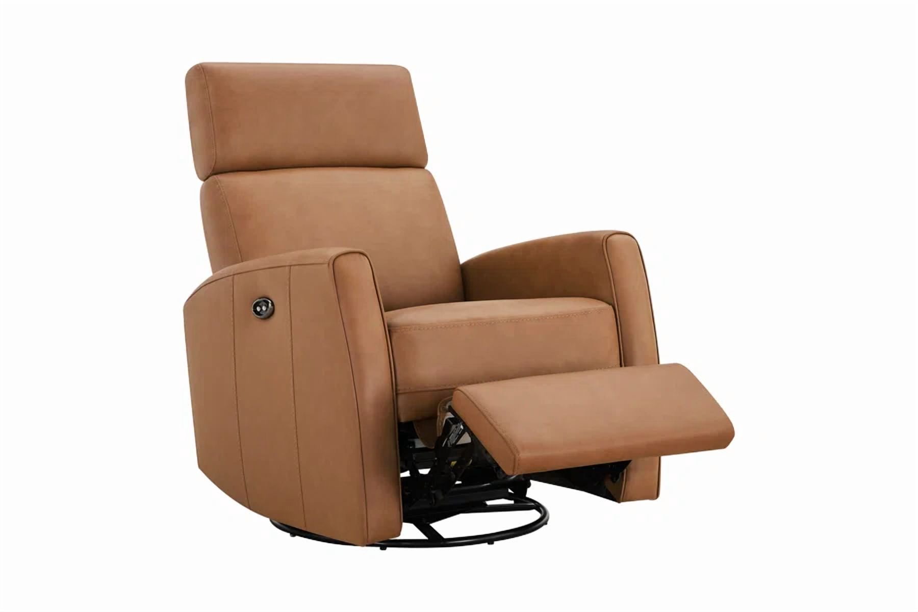 Spruce & Spring Premium Genuine Leather Power Swivel Glider Recliner With Dual Armrests 1 Piece Indoor Use Brown Fabric