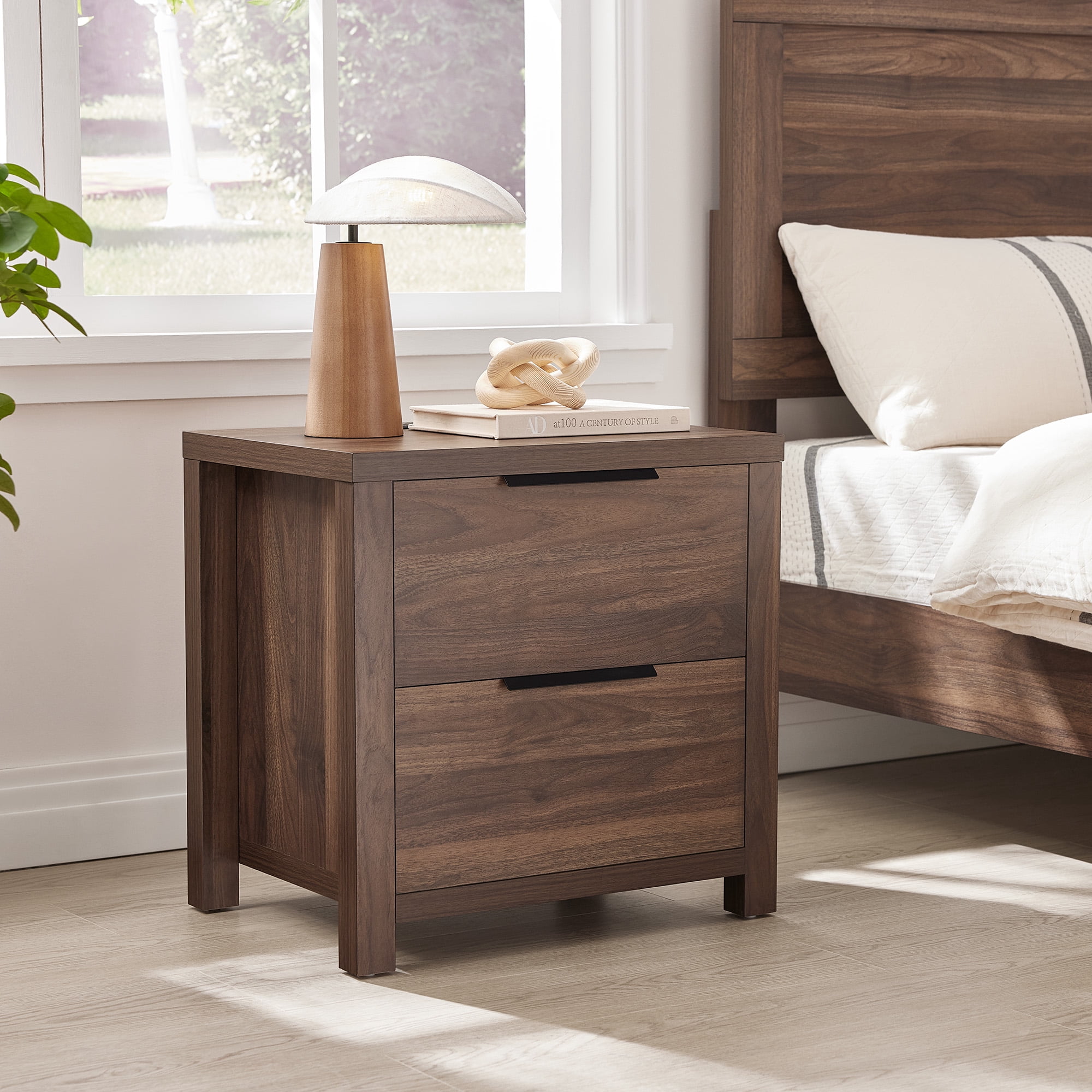 Spruce & Spring Farmhouse 2-Drawer Smart Nightstand with USB, Type-C & AC Outlets, Engineered Wood, Black Handles, 150 lbs Capacity, Easy Assembly, Walnut