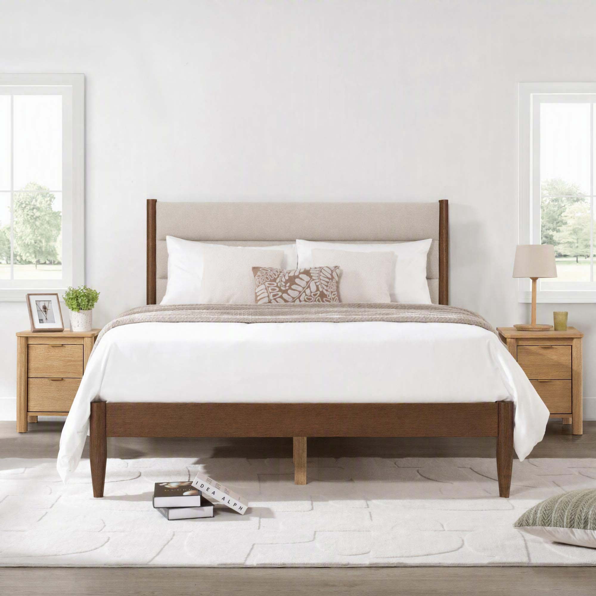 Spruce & Spring Farmhouse Full Upholstered Bed Frame, Solid Rubberwood Frame, Oatmeal Boucle Headboard, Noise-Free, No Box Spring Required, Walnut & Oat