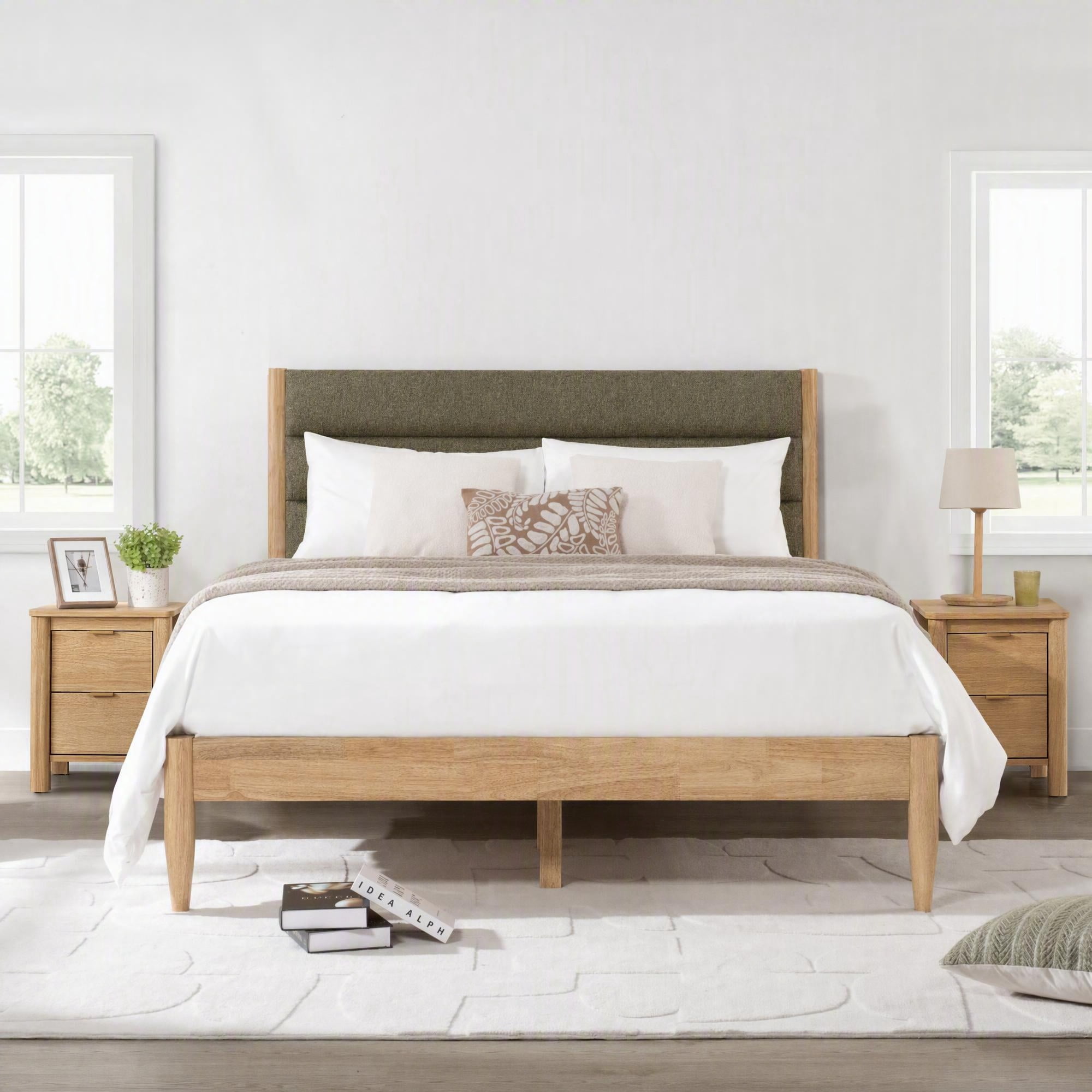 Spruce & Spring Farmhouse King Upholstered Bed Frame, Solid Rubberwood Frame, Sage Green Boucle Headboard, Noise-Free, No Box Spring Required, Natural & Sage