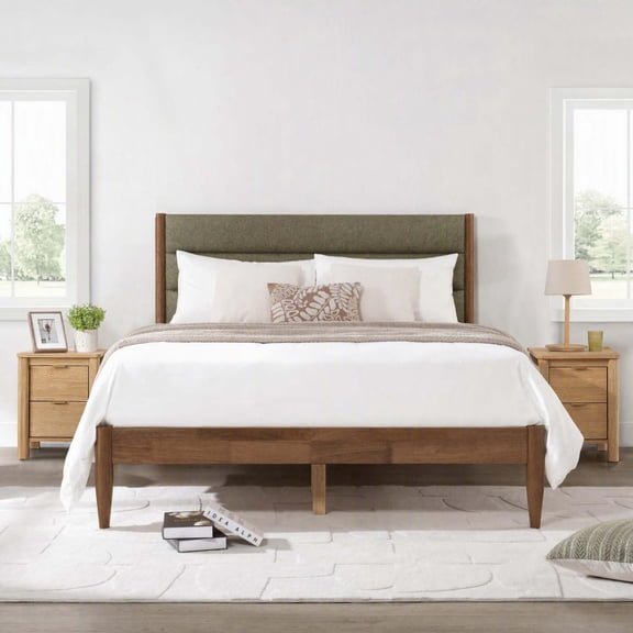 Spruce & Spring Farmhouse King Upholstered Bed Frame, Solid Rubberwood Frame, Sage Green Boucle Headboard, Noise-Free, No Box Spring Required, Walnut & Sage