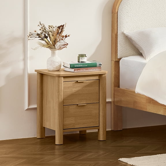 Spruce & Spring Farmhouse Nightstand, 2-Drawer End Table, Bedside Table for Bedroom, Living Room & Study, Natural Wood Finish