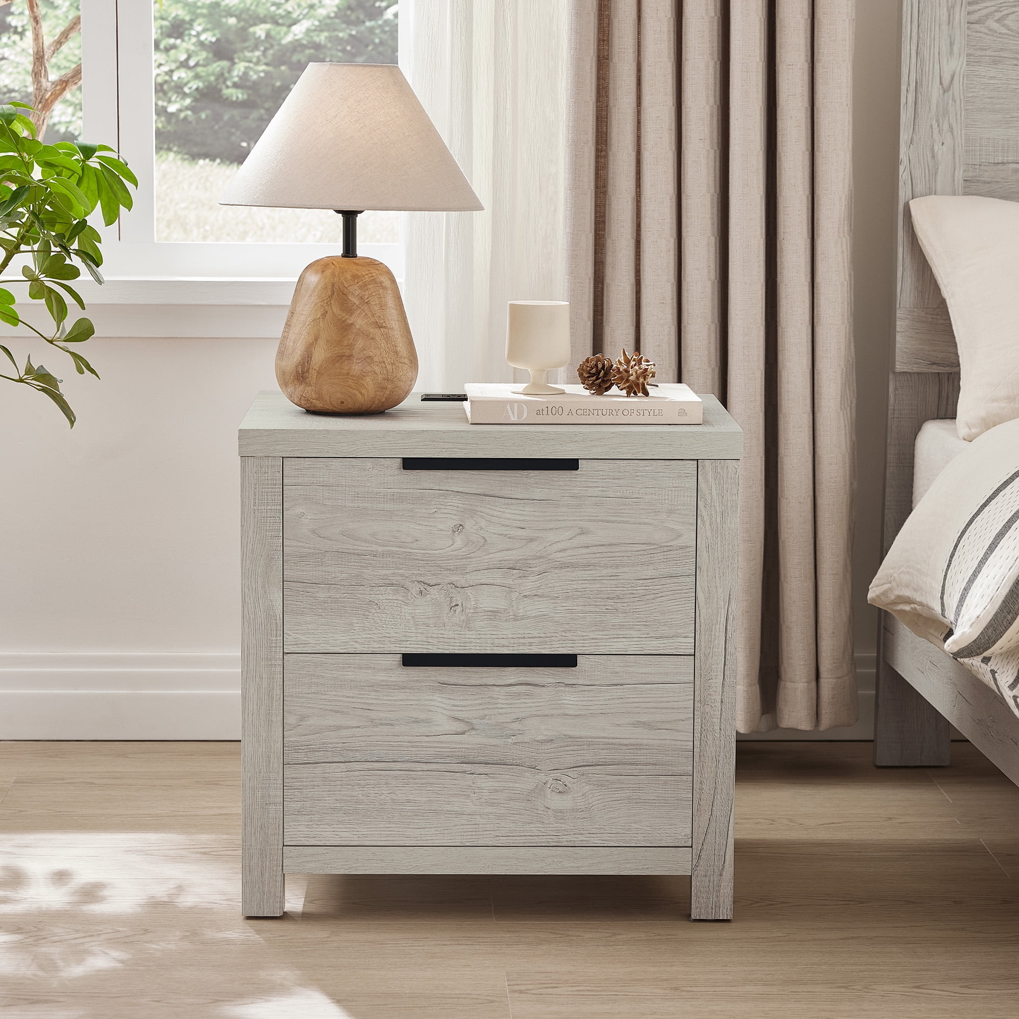 Spruce & Spring Farmhouse Nightstand with 2 Drawers, USB & Type-C Port and Power Outlets