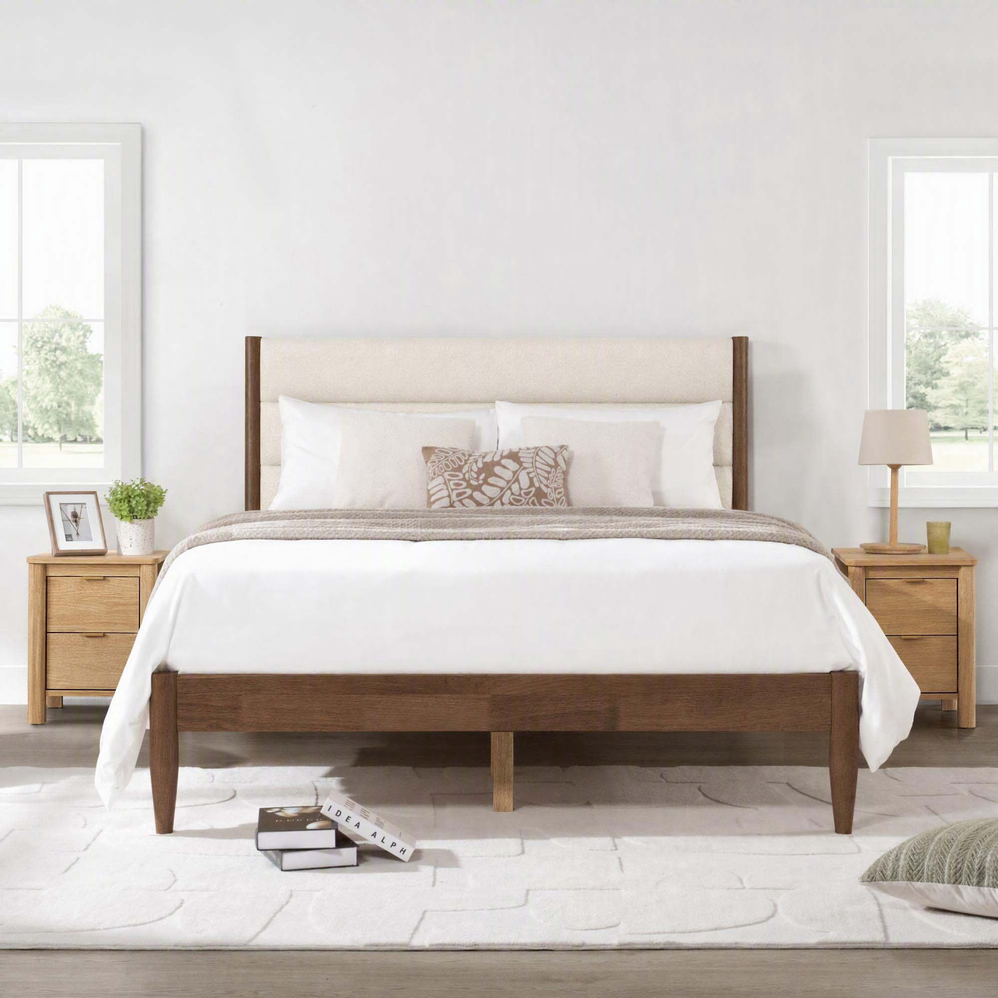 Spruce & Spring Farmhouse Queen Upholstered Bed Frame, Solid Rubberwood Frame, Cream Boucle Headboard, Noise-Free, No Box Spring Required, Walnut & Cream