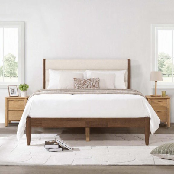 Spruce & Spring Farmhouse Queen Upholstered Bed Frame, Solid Rubberwood Frame, Cream Boucle Headboard, Noise-Free, No Box Spring Required, Walnut & Cream