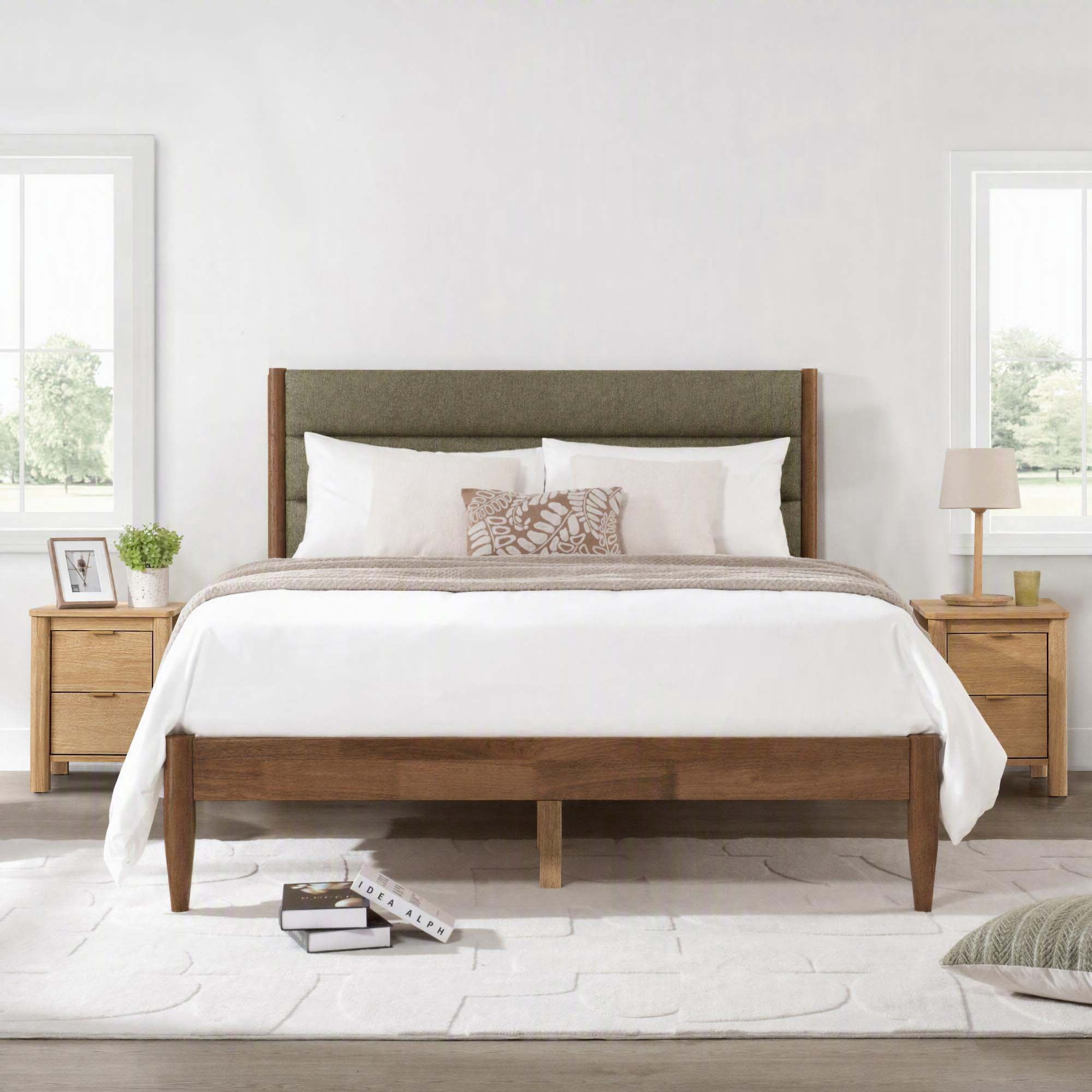 Spruce & Spring Farmhouse Queen Upholstered Bed Frame, Solid Rubberwood Frame, Sage Green Boucle Headboard, Noise-Free, No Box Spring Required, Walnut & Sage