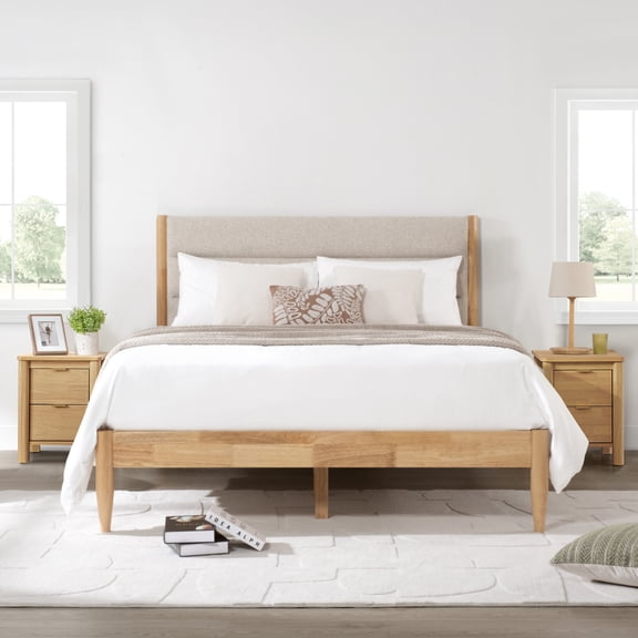 Spruce & Spring Farmhouse Upholstered Platform Bed Frame with Solid Wood Legs, Boucle Fabric Headboard, Wood Slat Support, Full, Oat