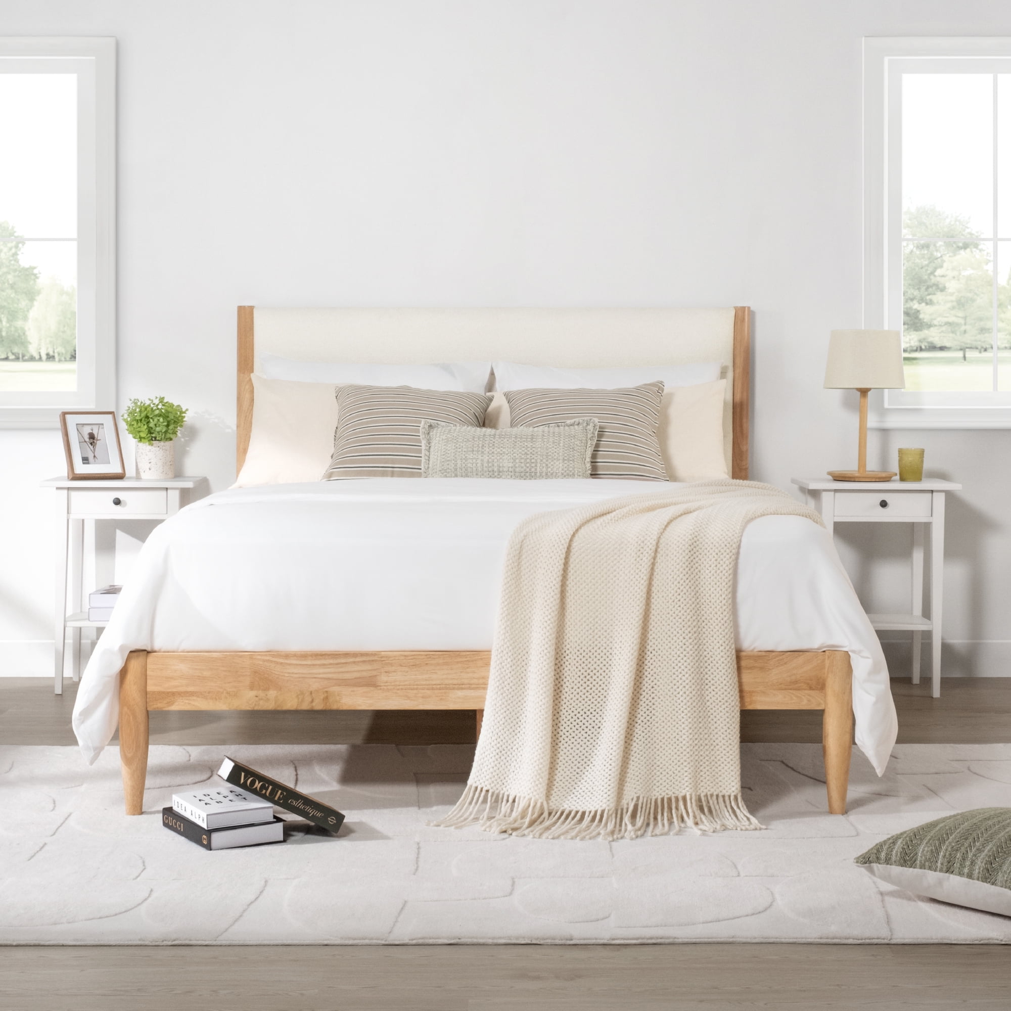 Spruce & Spring Farmhouse Upholstered Platform Bed Frame with Solid Wood Legs, Boucle Fabric Headboard, Wood Slat Support, Queen, Natural & Cream