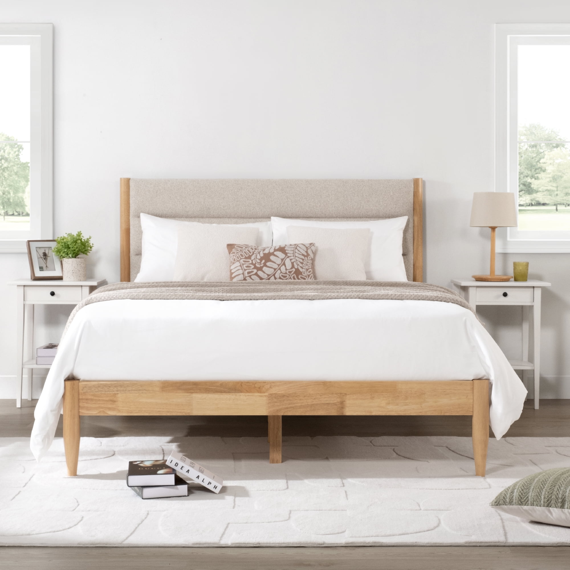 Spruce & Spring Farmhouse Upholstered Platform Bed Frame with Solid Wood Legs, Boucle Fabric Headboard, Wood Slat Support, Queen, Oat
