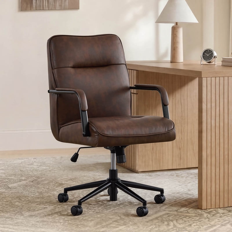 Spruce & Spring Upholstered Swivel Office Chair with Ergonomic High Back, Metal Frame & Upholstered Arms, Espresso Faux Leather