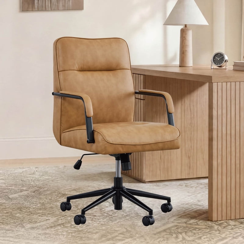Spruce & Spring Upholstered Swivel Office Chair with Ergonomic High Back, Metal Frame & Upholstered Arms, Saddle Brown Faux Leather