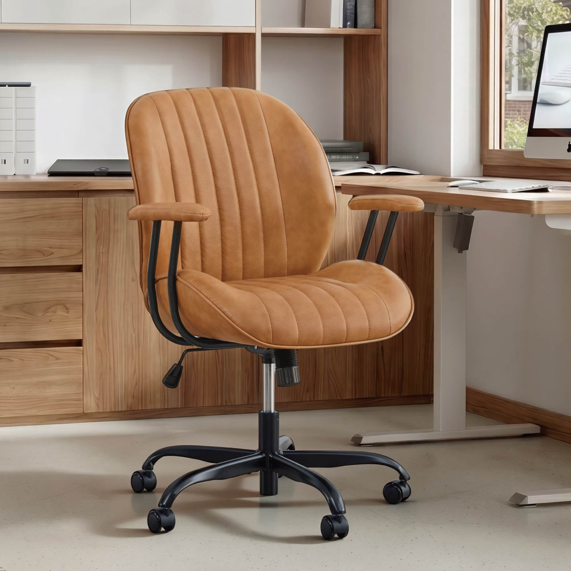 Spruce & Spring Faux Leather Office Chair with Swivel Base, Ergonomic High-Back Design, Breathable PU/Polyester Blend, Saddle Brown